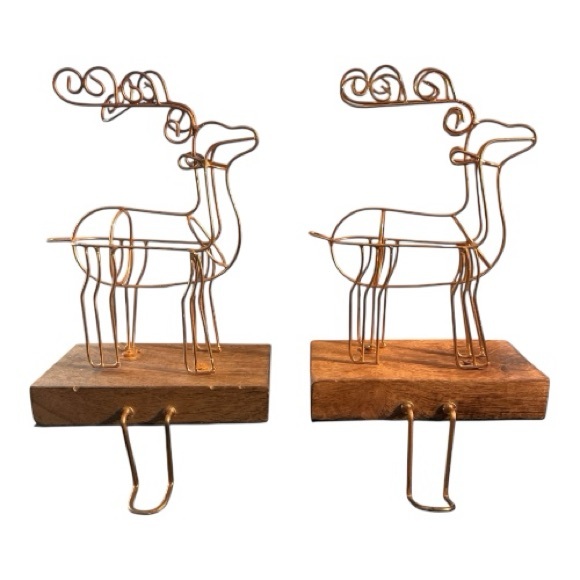 Rose Gold Reindeer Stocking Holders Set of 2 Metal Wood Base 8in - Picture 1 of 6
